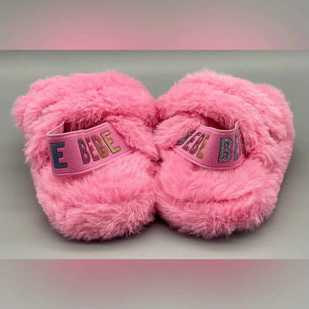 Bebe Girls Pink Faux Fur Slippers Size 9/10 Runs Small NEW Without Tags